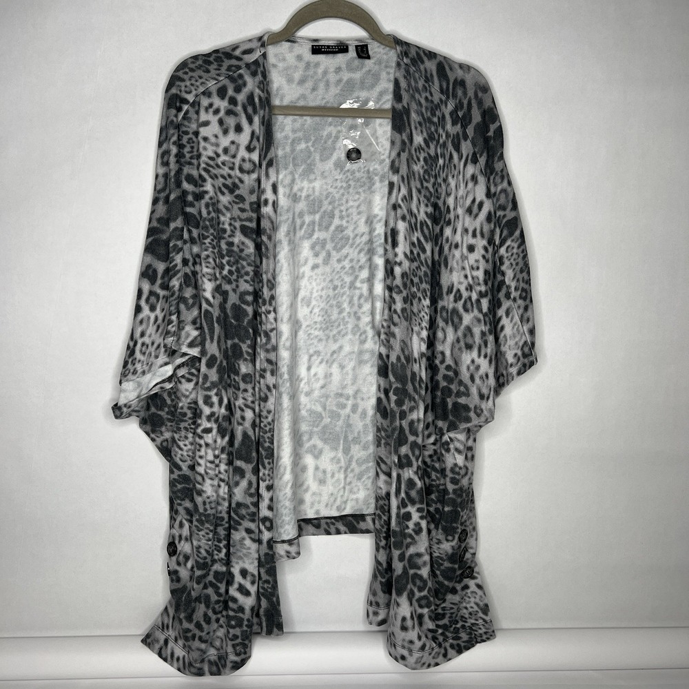 Susan Graver Gray Snow Leopard Open Jersey Cardigan‎ Shawl Size Large